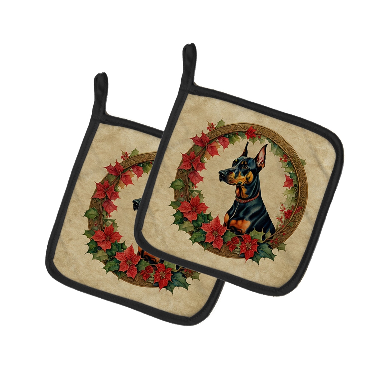 DAC2355PTHD 7.5 x 7.5 in. Unisex Doberman Pinscher Christmas Flowers Pair of Pot Holders