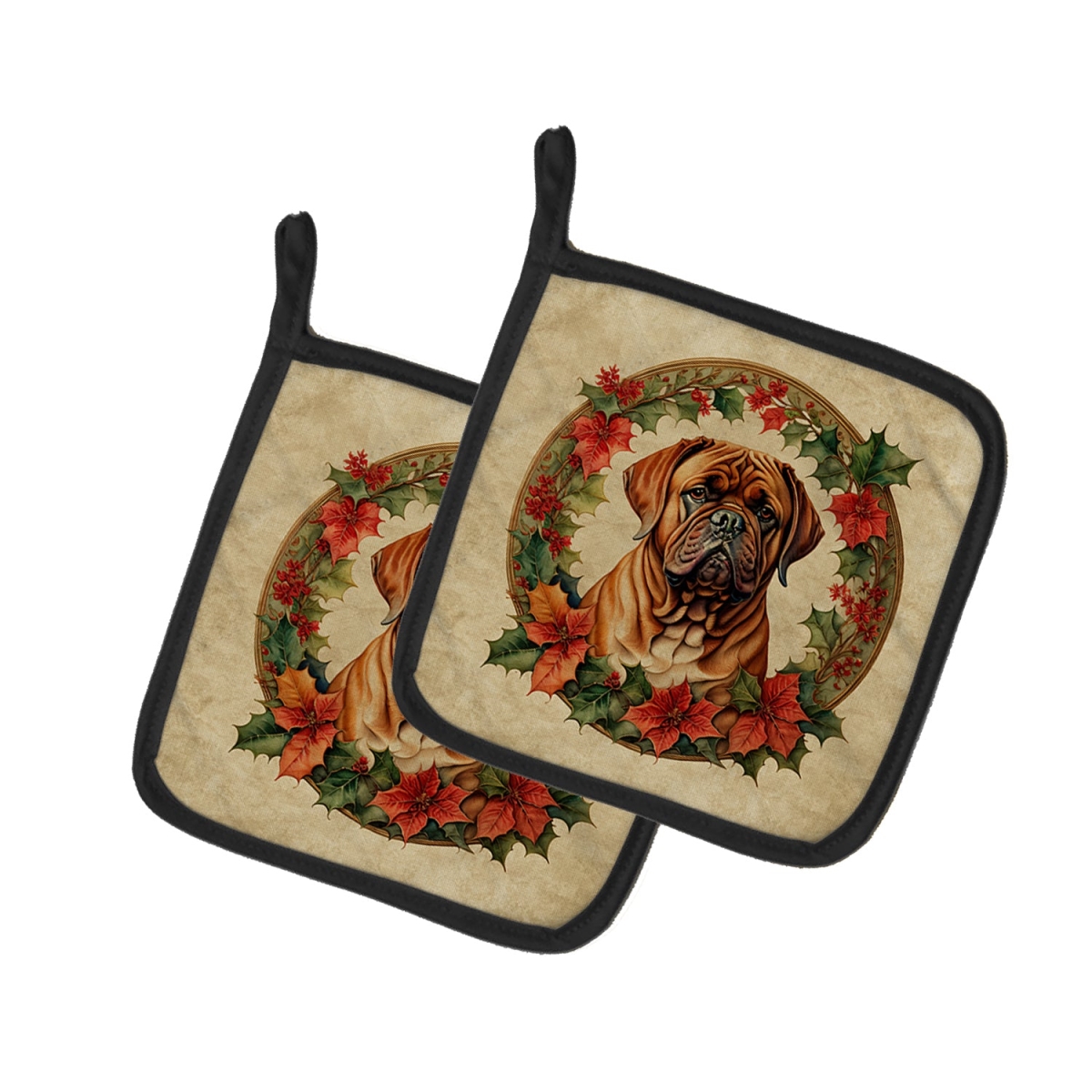 DAC2356PTHD 7.5 x 7.5 in. Unisex Dogue de Bordeaux Christmas Flowers Pair of Pot Holders