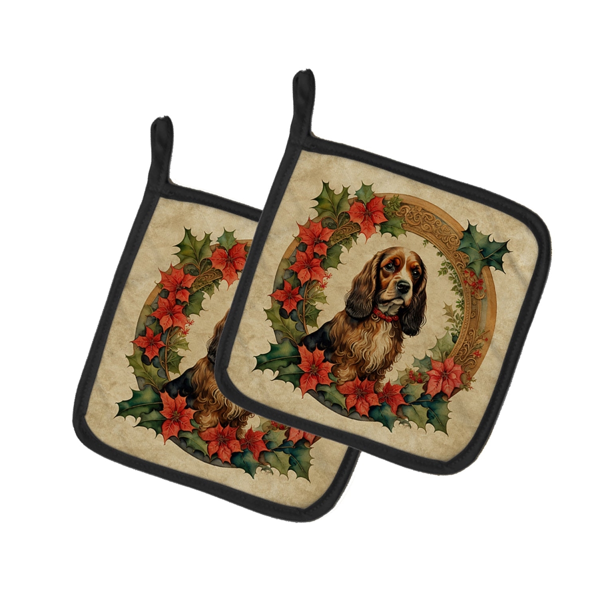 DAC2357PTHD 7.5 x 7.5 in. Unisex English Cocker Spaniel Christmas Flowers Pair of Pot Holders