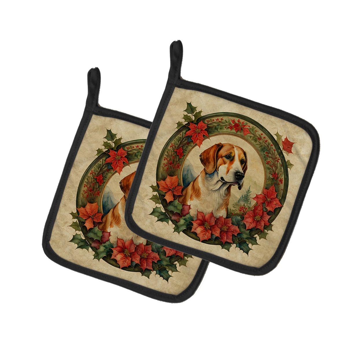 DAC2358PTHD 7.5 x 7.5 in. Unisex English Foxhound Christmas Flowers Pair of Pot Holders