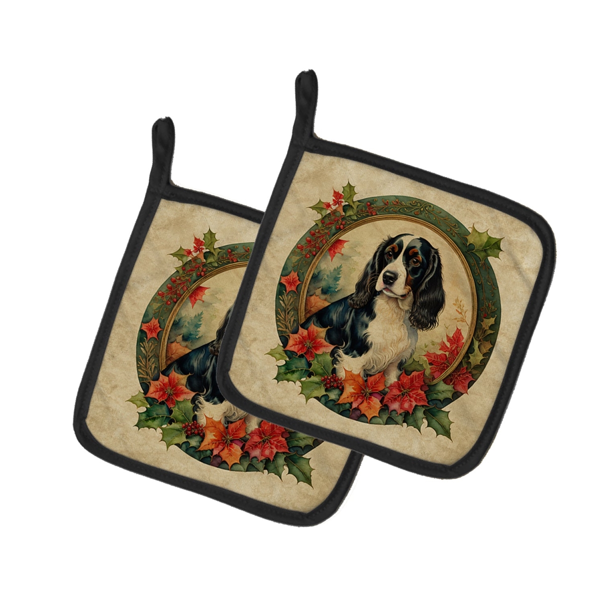 DAC2359PTHD 7.5 x 7.5 in. Unisex English Springer Spaniel Christmas Flowers Pair of Pot Holders