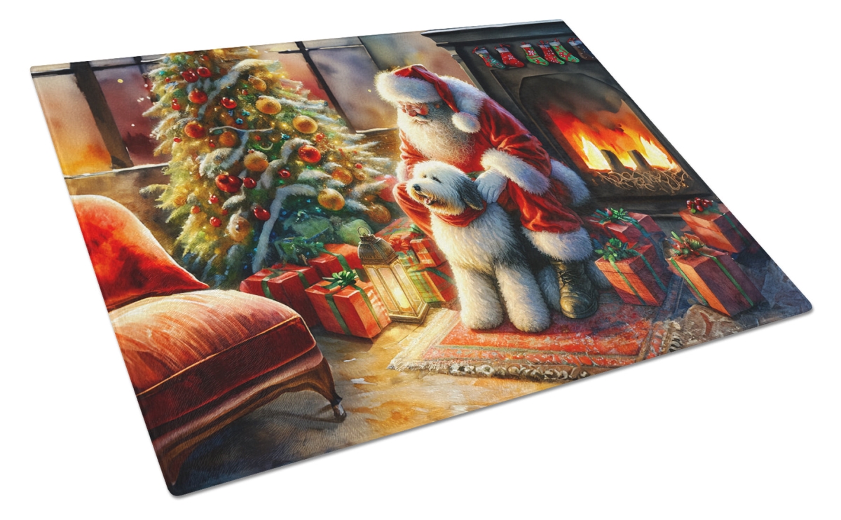 DAC4146LCB 15 x 12 in. Unisex Old English Sheepdog & Santa Claus Glass Cutting Board