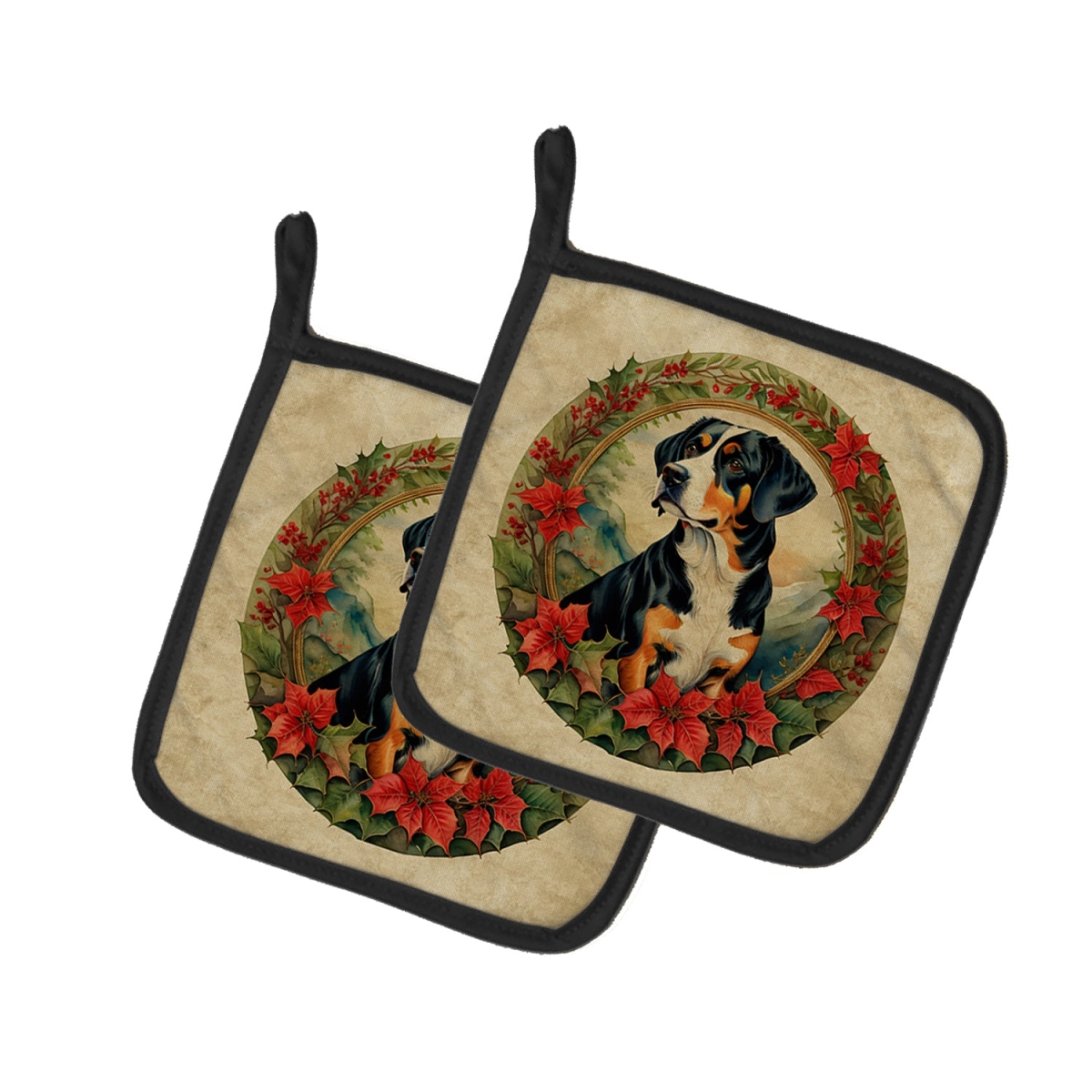 DAC2361PTHD 7.5 x 7.5 in. Unisex Entlebucher Mountain Dog Christmas Flowers Pair of Pot Holders
