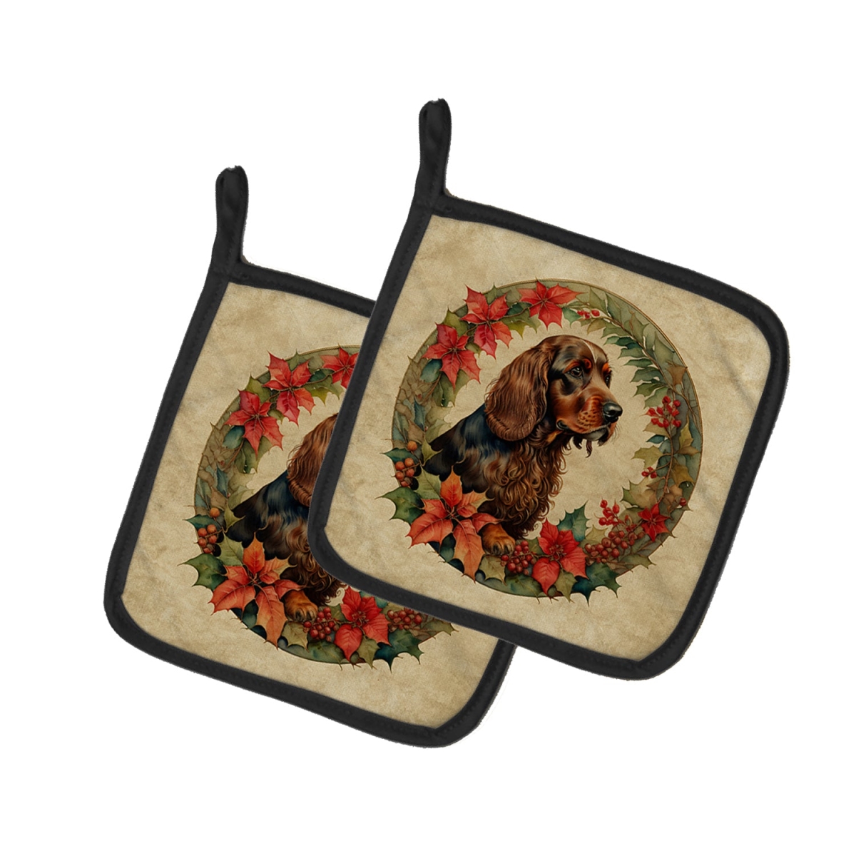 7.5 x 7.5 in. Unisex Field Spaniel Christmas Flowers Pair of Pot Holders