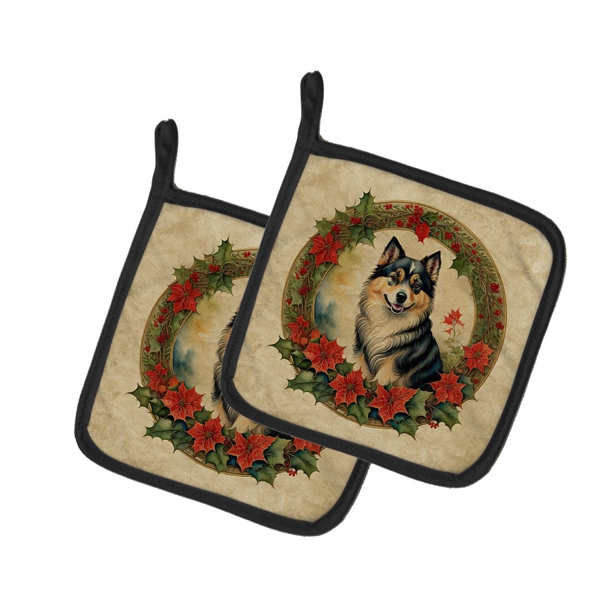 DAC2363PTHD 7.5 x 7.5 in. Unisex Finnish Lapphund Christmas Flowers Pair of Pot Holders
