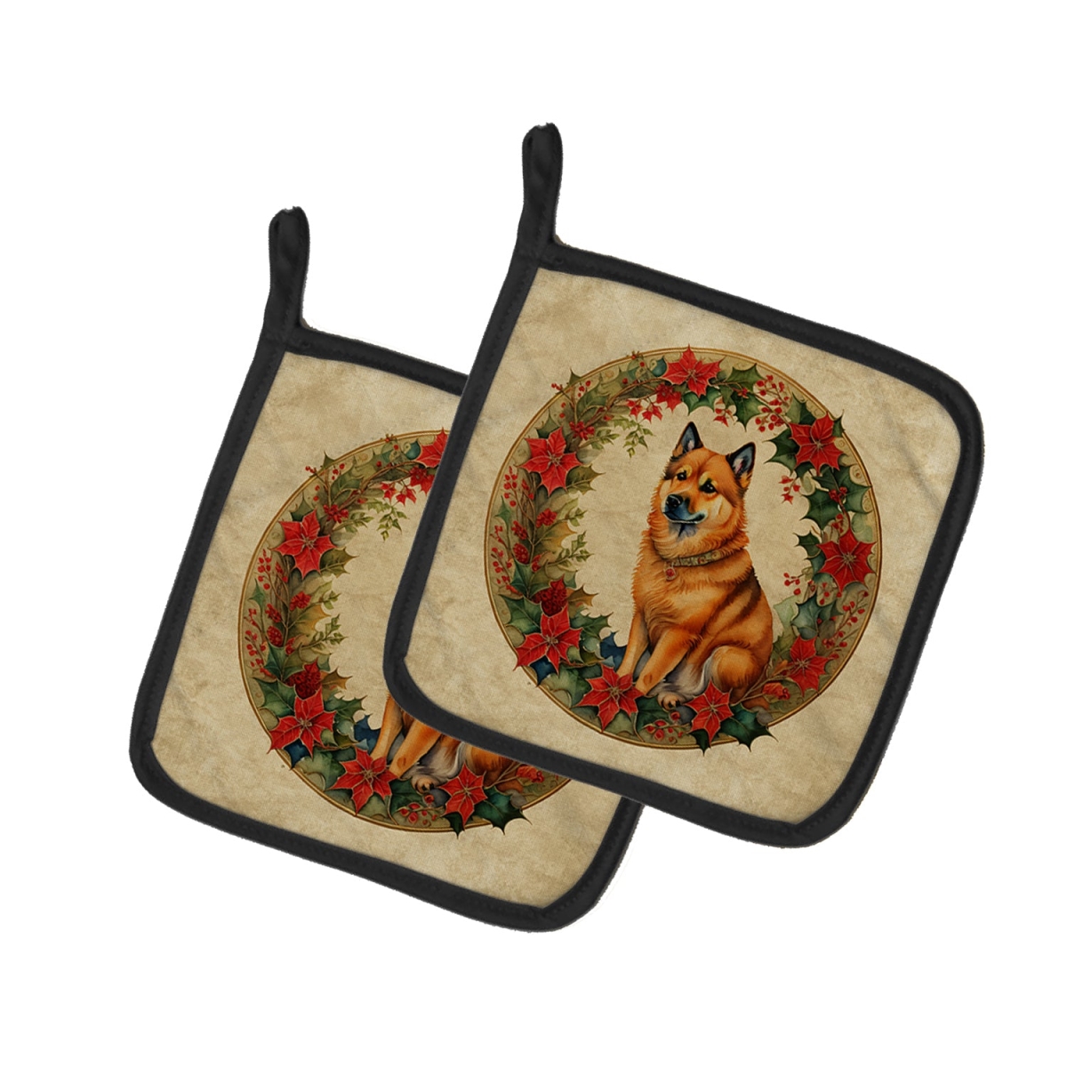 DAC2364PTHD 7.5 x 7.5 in. Unisex Finnish Spitz Christmas Flowers Pair of Pot Holders