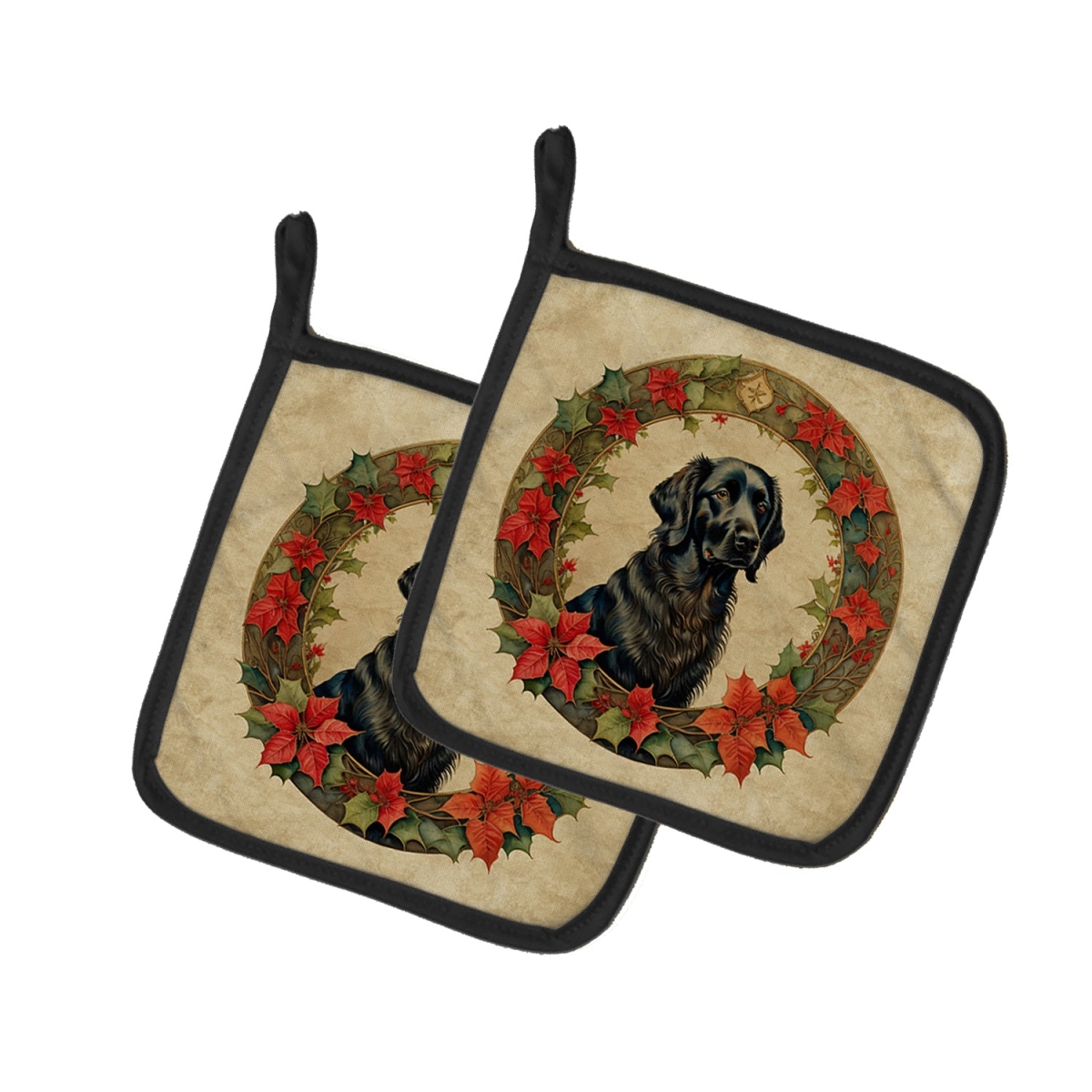 DAC2365PTHD 7.5 x 7.5 in. Unisex Flat-Coated Retriever Christmas Flowers Pair of Pot Holders