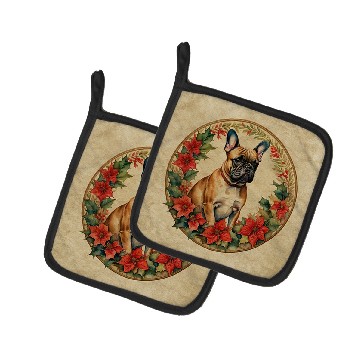 DAC2366PTHD 7.5 x 7.5 in. Unisex French Bulldog Christmas Flowers Pair of Pot Holders