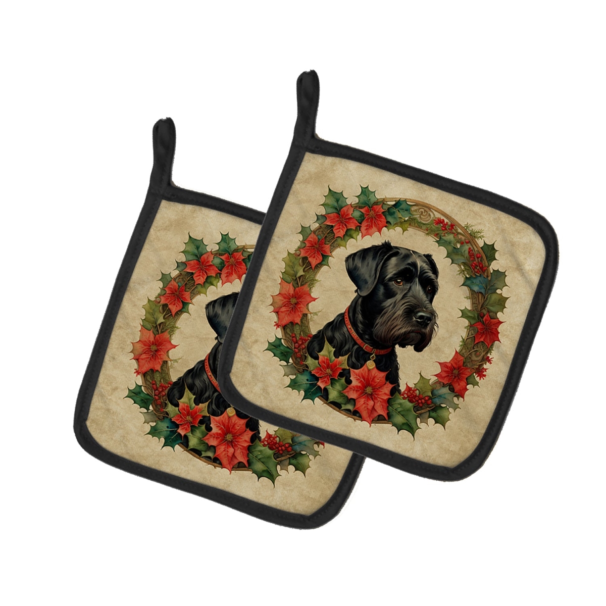 DAC2369PTHD 7.5 x 7.5 in. Unisex Giant Schnauzer Christmas Flowers Pair of Pot Holders
