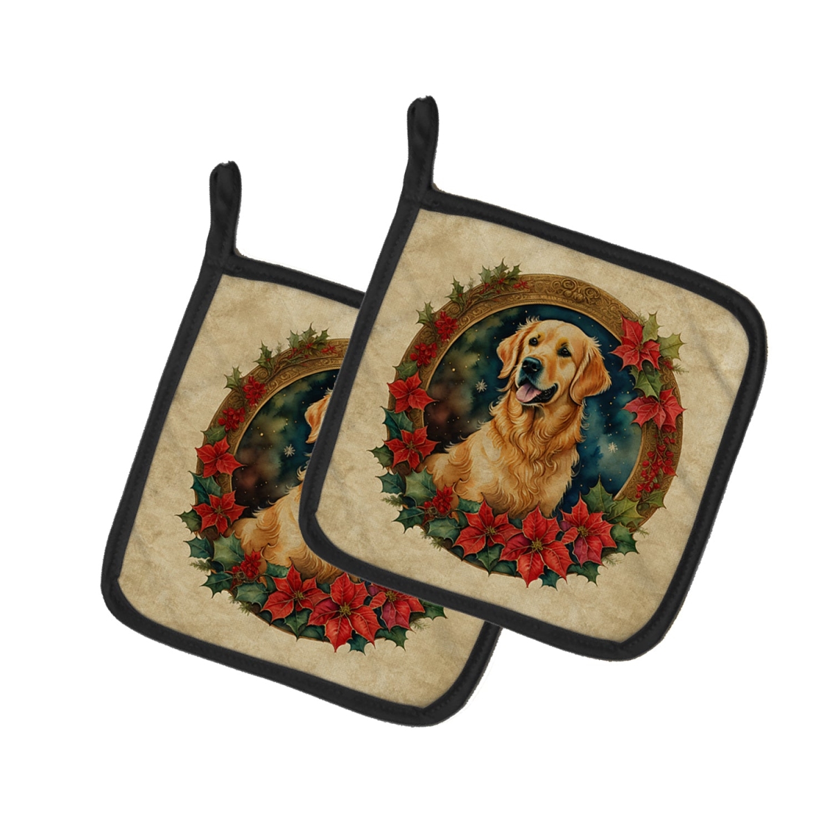 DAC2371PTHD 7.5 x 7.5 in. Unisex Golden Retriever Christmas Flowers Pair of Pot Holders