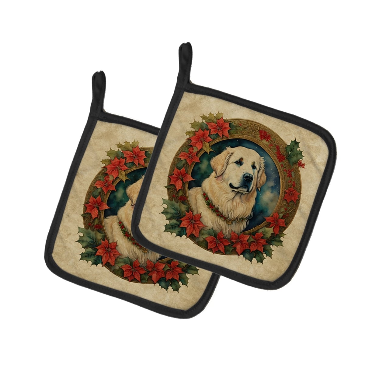 DAC2372PTHD 7.5 x 7.5 in. Unisex Great Pyrenees Christmas Flowers Pair of Pot Holders