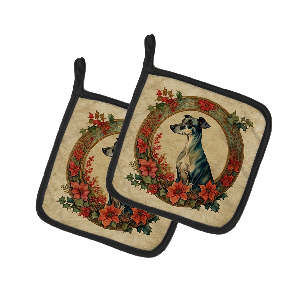 DAC2374PTHD 7.5 x 7.5 in. Unisex Greyhound Christmas Flowers Pair of Pot Holders