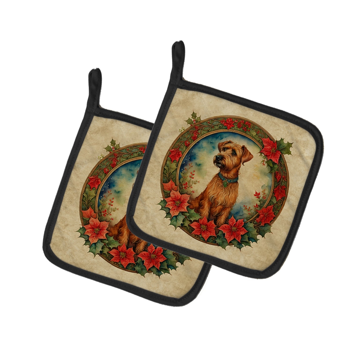 DAC2377PTHD 7.5 x 7.5 in. Unisex Irish Terrier Christmas Flowers Pair of Pot Holders