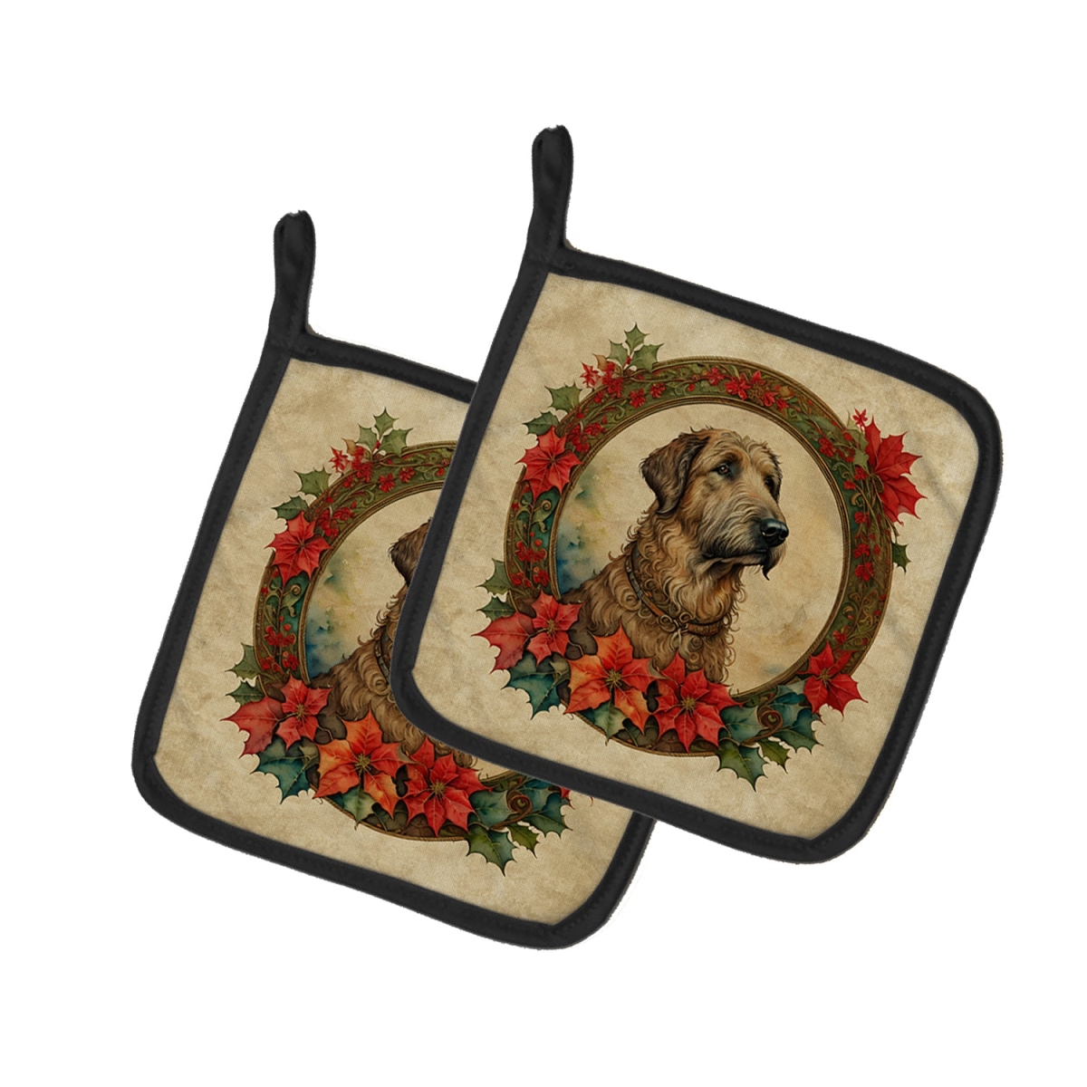 DAC2379PTHD 7.5 x 7.5 in. Unisex Irish Wolfhound Christmas Flowers Pair of Pot Holders