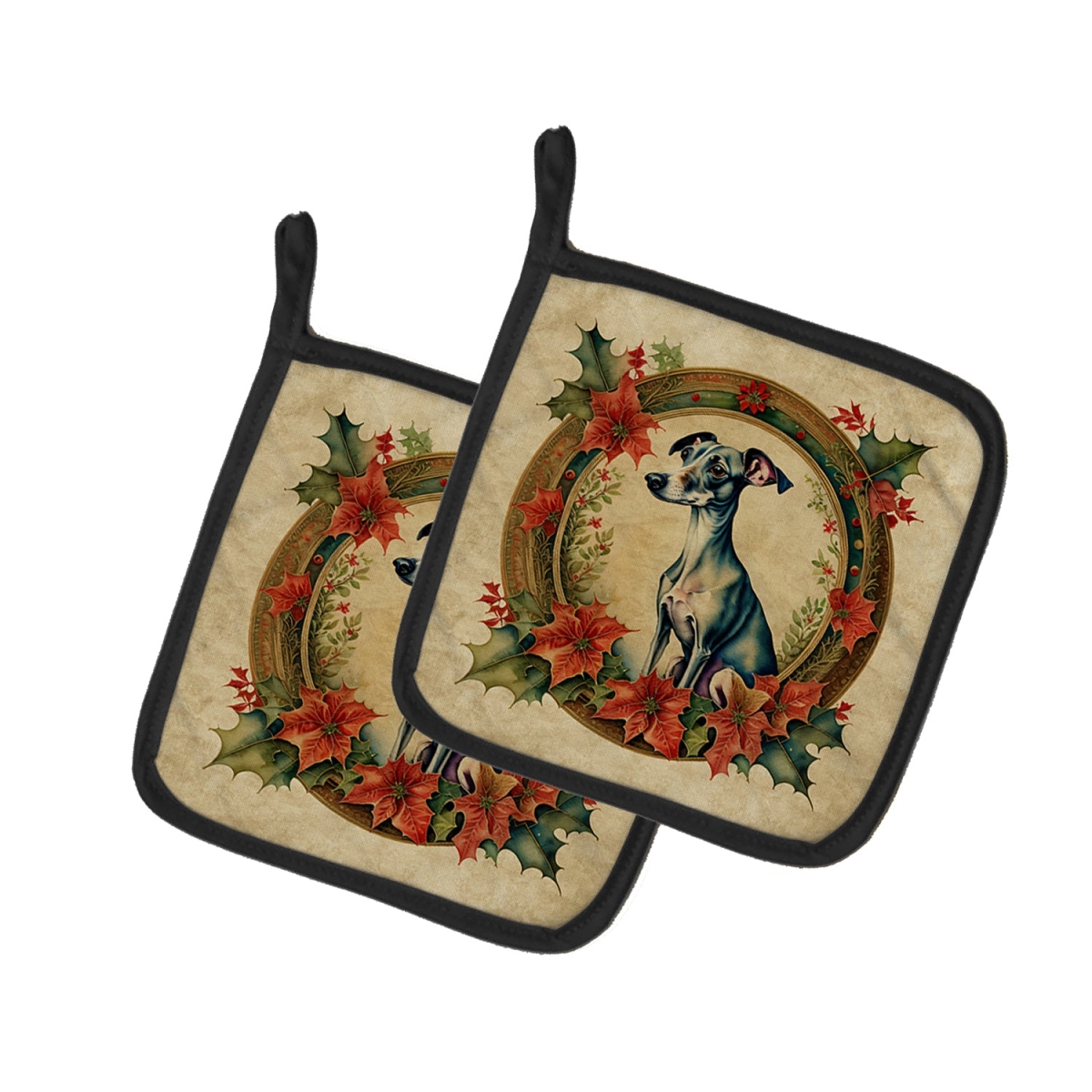 DAC2380PTHD 7.5 x 7.5 in. Unisex Italian Greyhound Christmas Flowers Pair of Pot Holders
