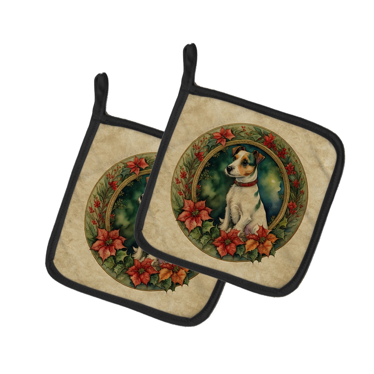 DAC2381PTHD 7.5 x 7.5 in. Unisex Jack Russell Terrier Christmas Flowers Pair of Pot Holders