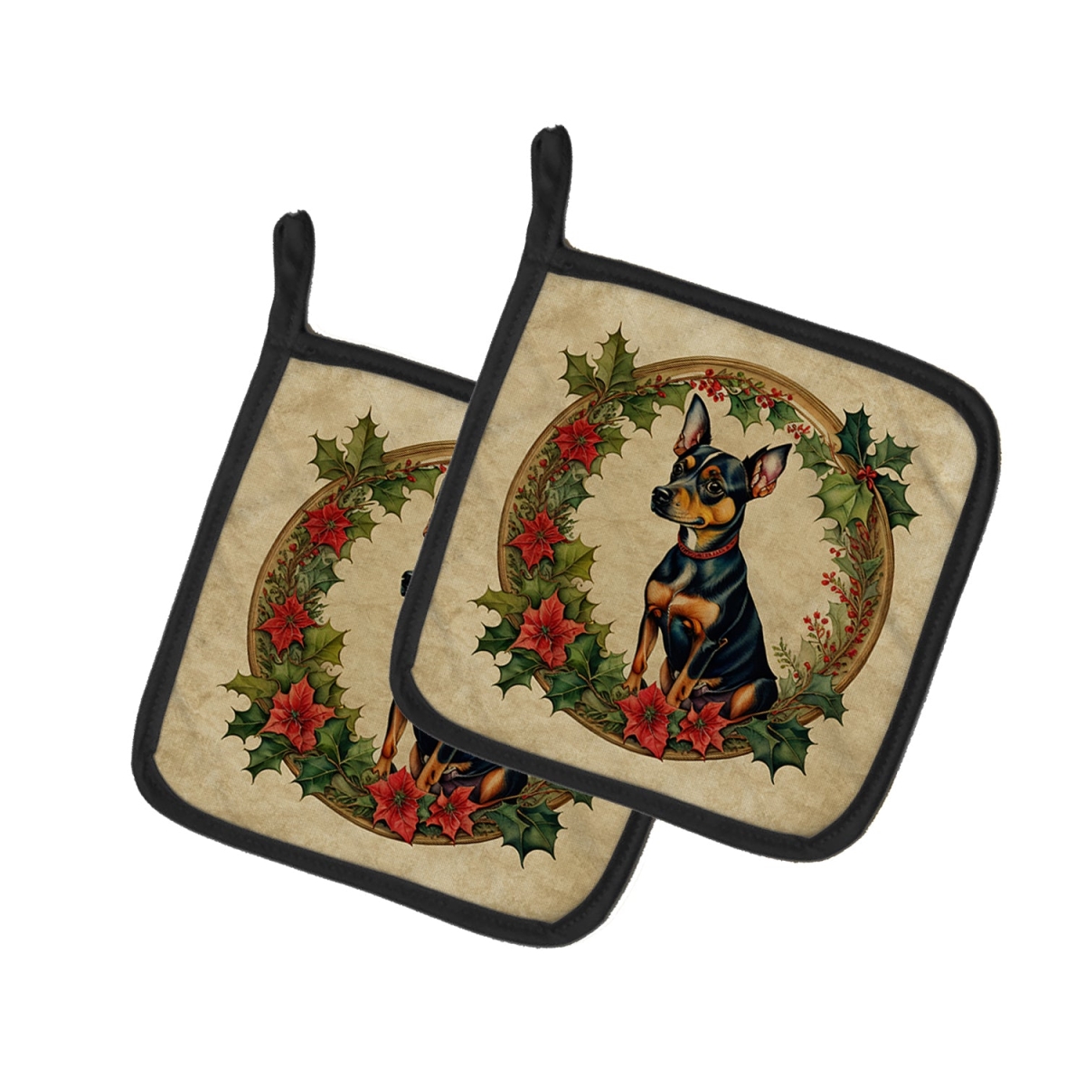 DAC2395PTHD 7.5 x 7.5 in. Unisex Miniature Pinscher Christmas Flowers Pair of Pot Holders