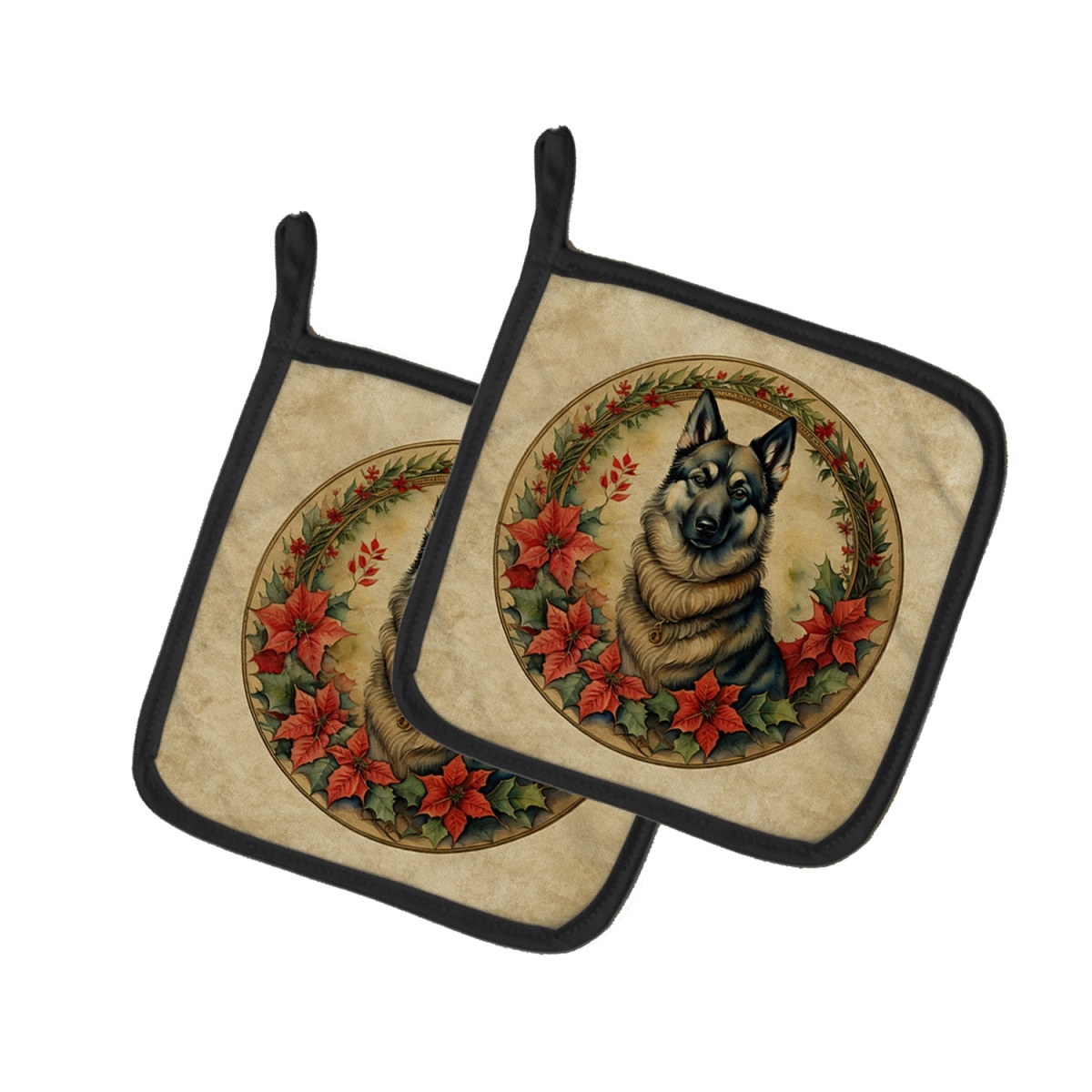 DAC2398PTHD 7.5 x 7.5 in. Unisex Norwegian Elkhound Christmas Flowers Pair of Pot Holders
