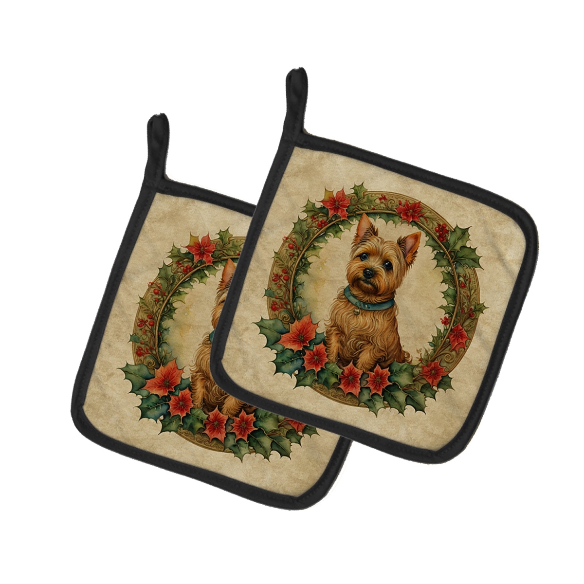 DAC2399PTHD 7.5 x 7.5 in. Unisex Norwich Terrier Christmas Flowers Pair of Pot Holders