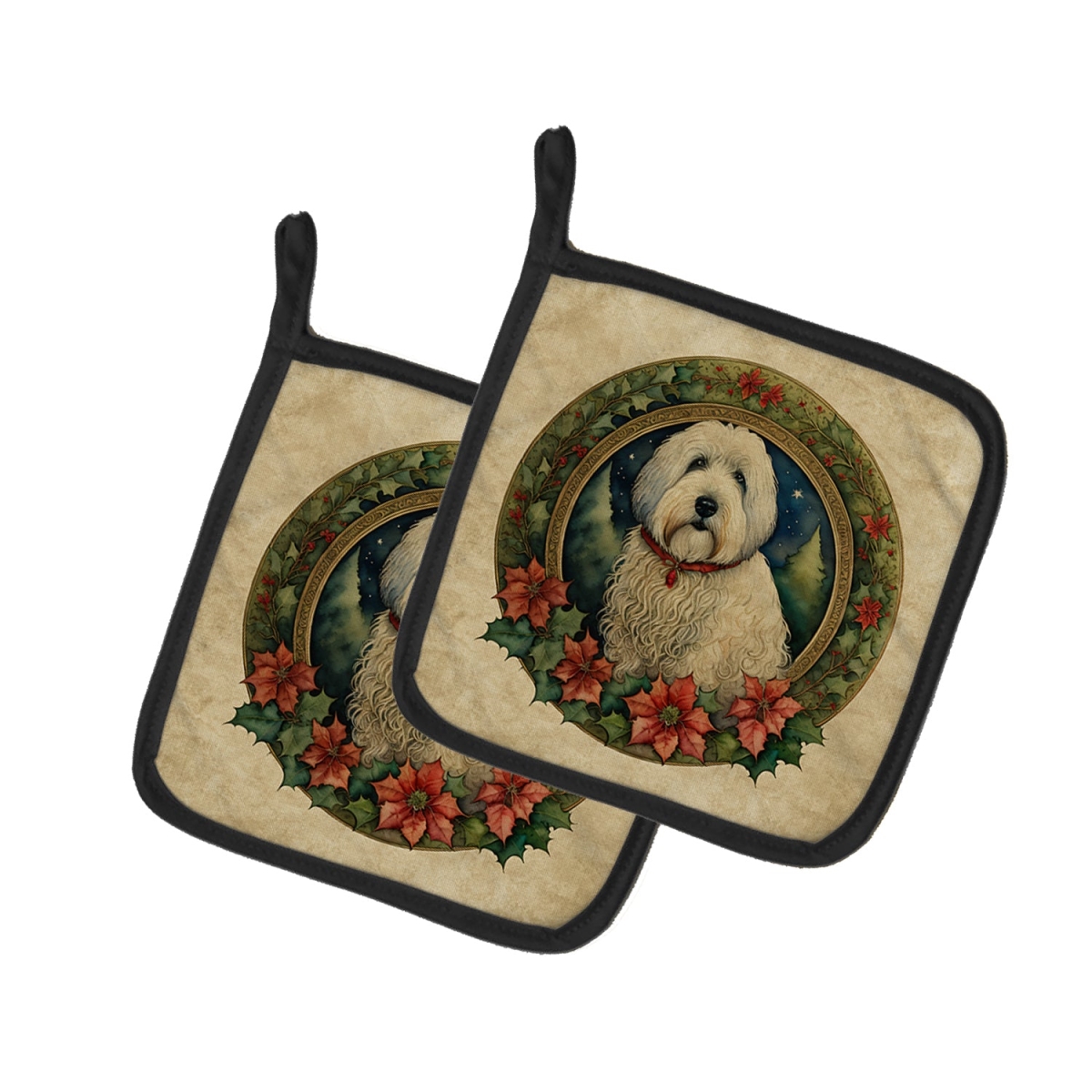7.5 x 7.5 in. Unisex Old English Sheepdog Christmas Flowers Pair of Pot Holders