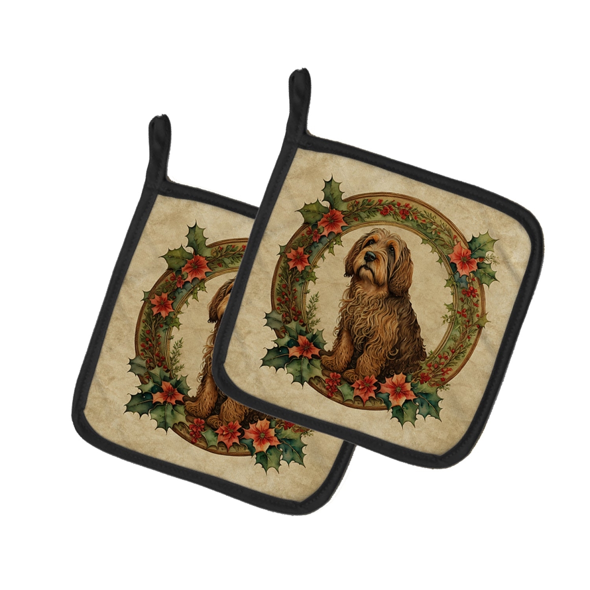 DAC2402PTHD 7.5 x 7.5 in. Unisex Otterhound Christmas Flowers Pair of Pot Holders