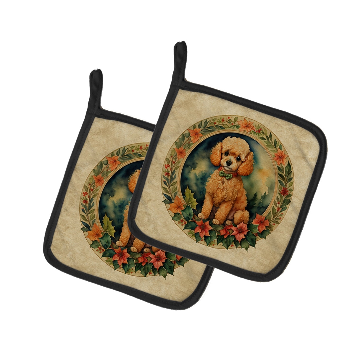 DAC2408PTHD 7.5 x 7.5 in. Unisex Poodle Christmas Flowers Pair of Pot Holders