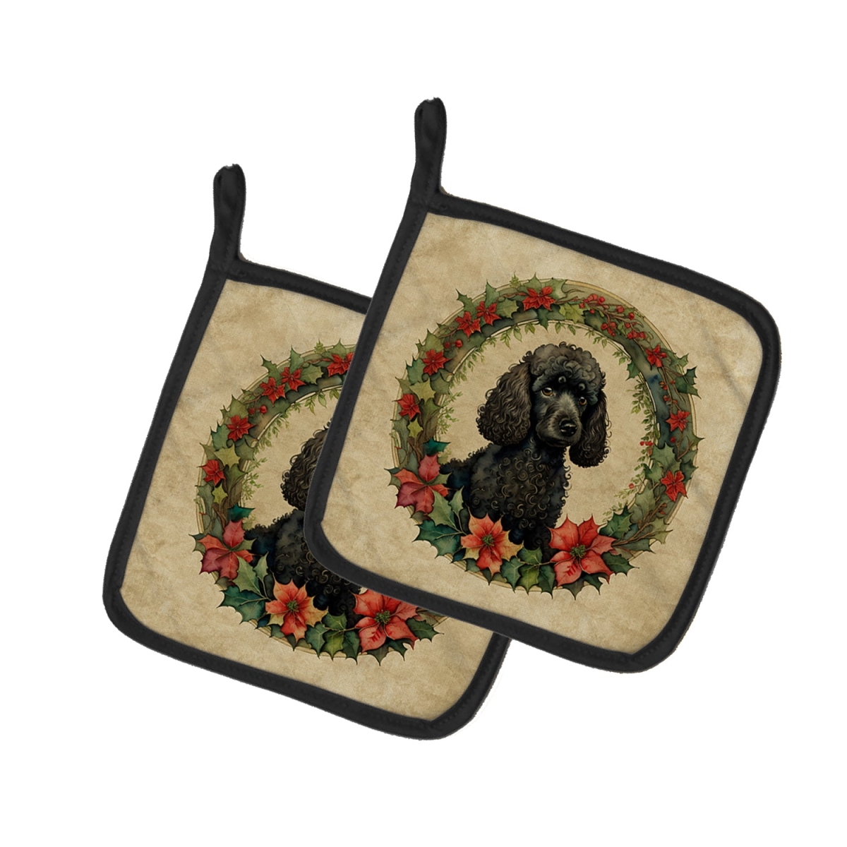 DAC2410PTHD 7.5 x 7.5 in. Unisex Poodle Christmas Flowers Pair of Pot Holders