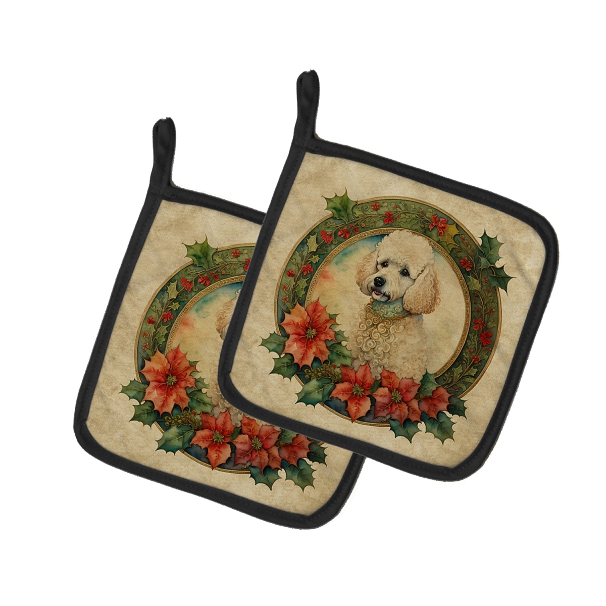 DAC2411PTHD 7.5 x 7.5 in. Unisex Poodle Christmas Flowers Pair of Pot Holders