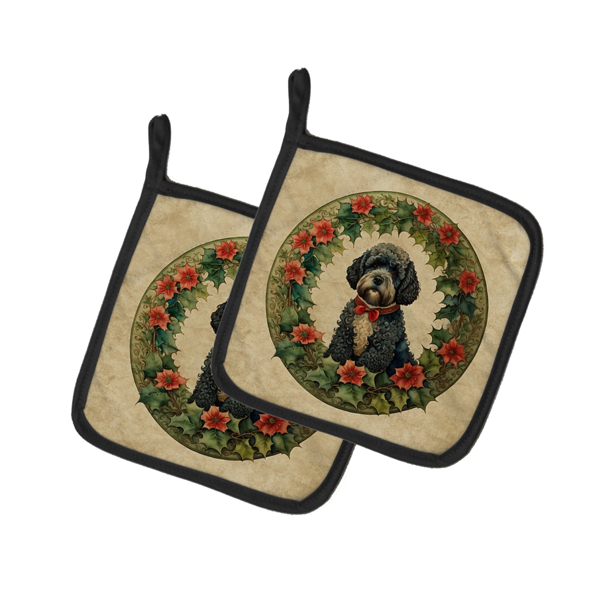 DAC2412PTHD 7.5 x 7.5 in. Unisex Portuguese Water Dog Christmas Flowers Pair of Pot Holders