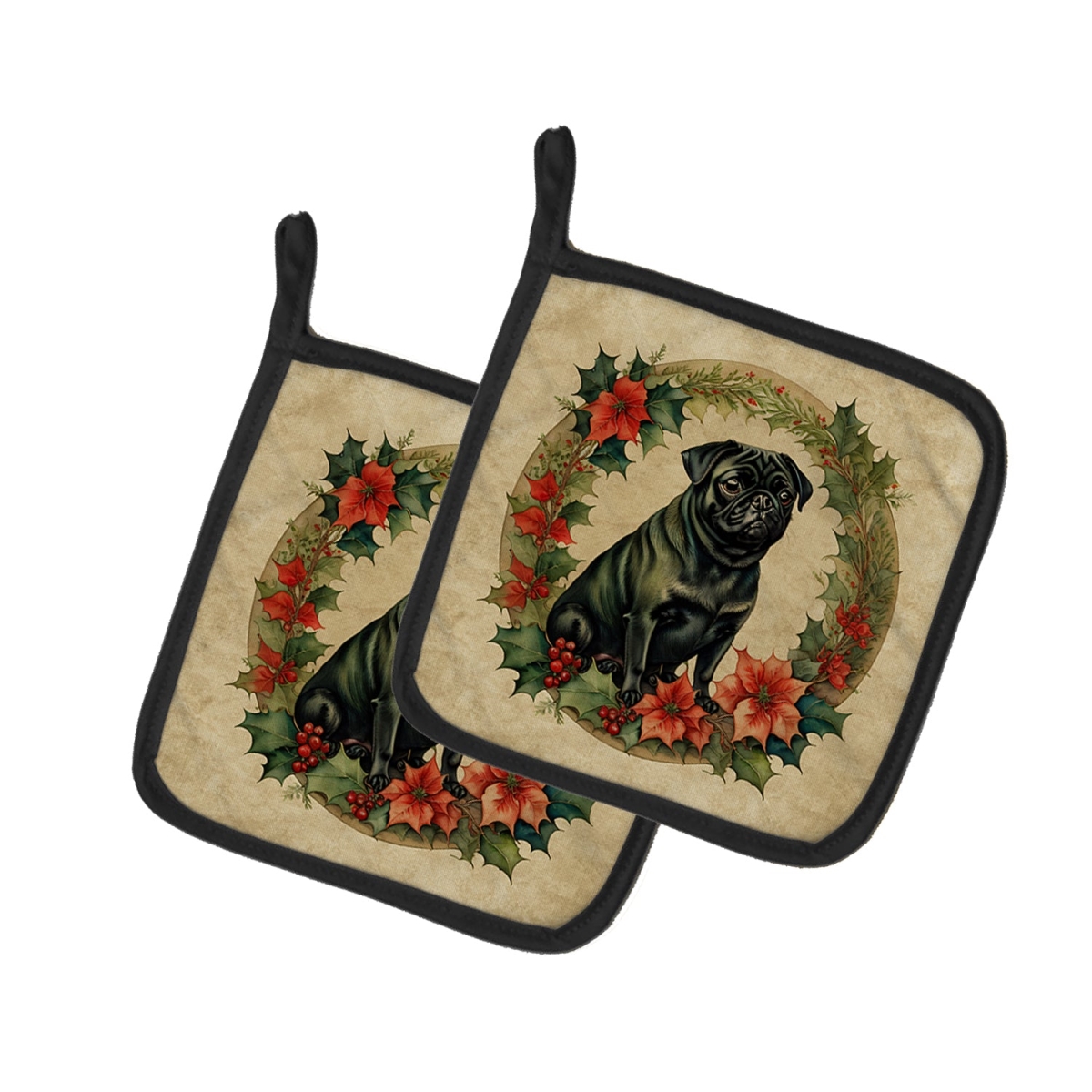 DAC2413PTHD 7.5 x 7.5 in. Unisex Pug Christmas Flowers Pair of Pot Holders