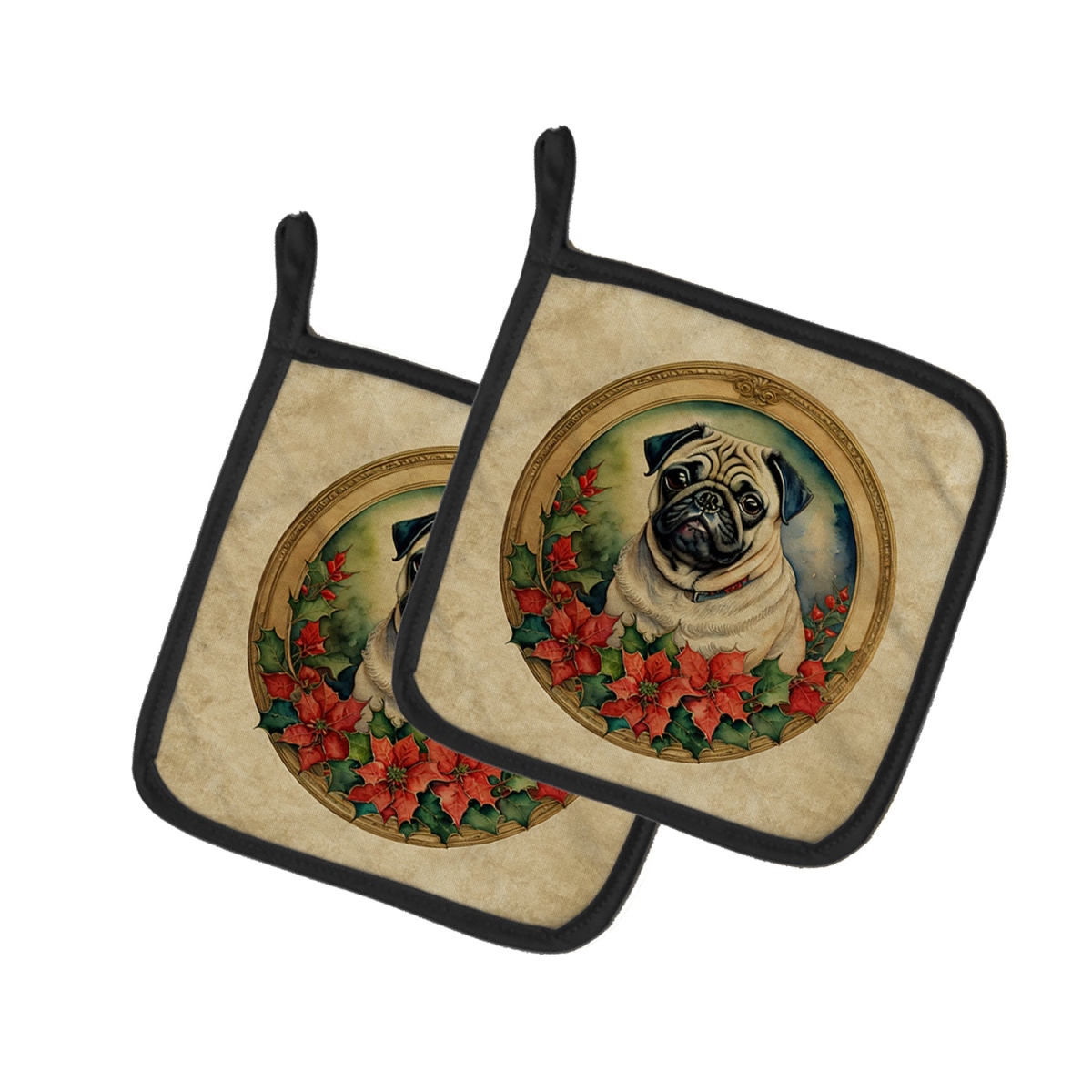 DAC2414PTHD 7.5 x 7.5 in. Unisex Pug Christmas Flowers Pair of Pot Holders