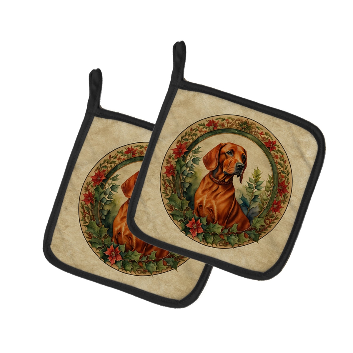 DAC2416PTHD 7.5 x 7.5 in. Unisex Red Redbone Coonhound Christmas Flowers Pair of Pot Holders