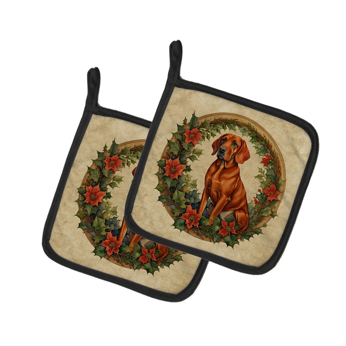7.5 x 7.5 in. Unisex Red Redbone Coonhound Christmas Flowers Pair of Pot Holders