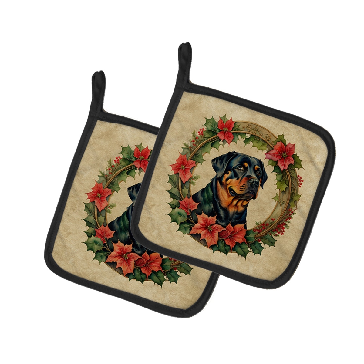 DAC2419PTHD 7.5 x 7.5 in. Unisex Rottweiler Christmas Flowers Pair of Pot Holders