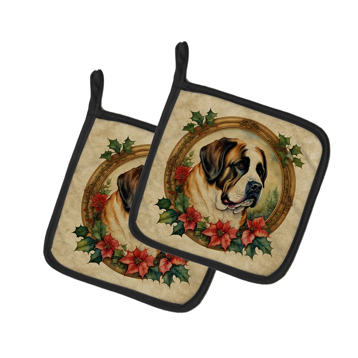 DAC2420PTHD 7.5 x 7.5 in. Unisex Saint Bernard Christmas Flowers Pair of Pot Holders