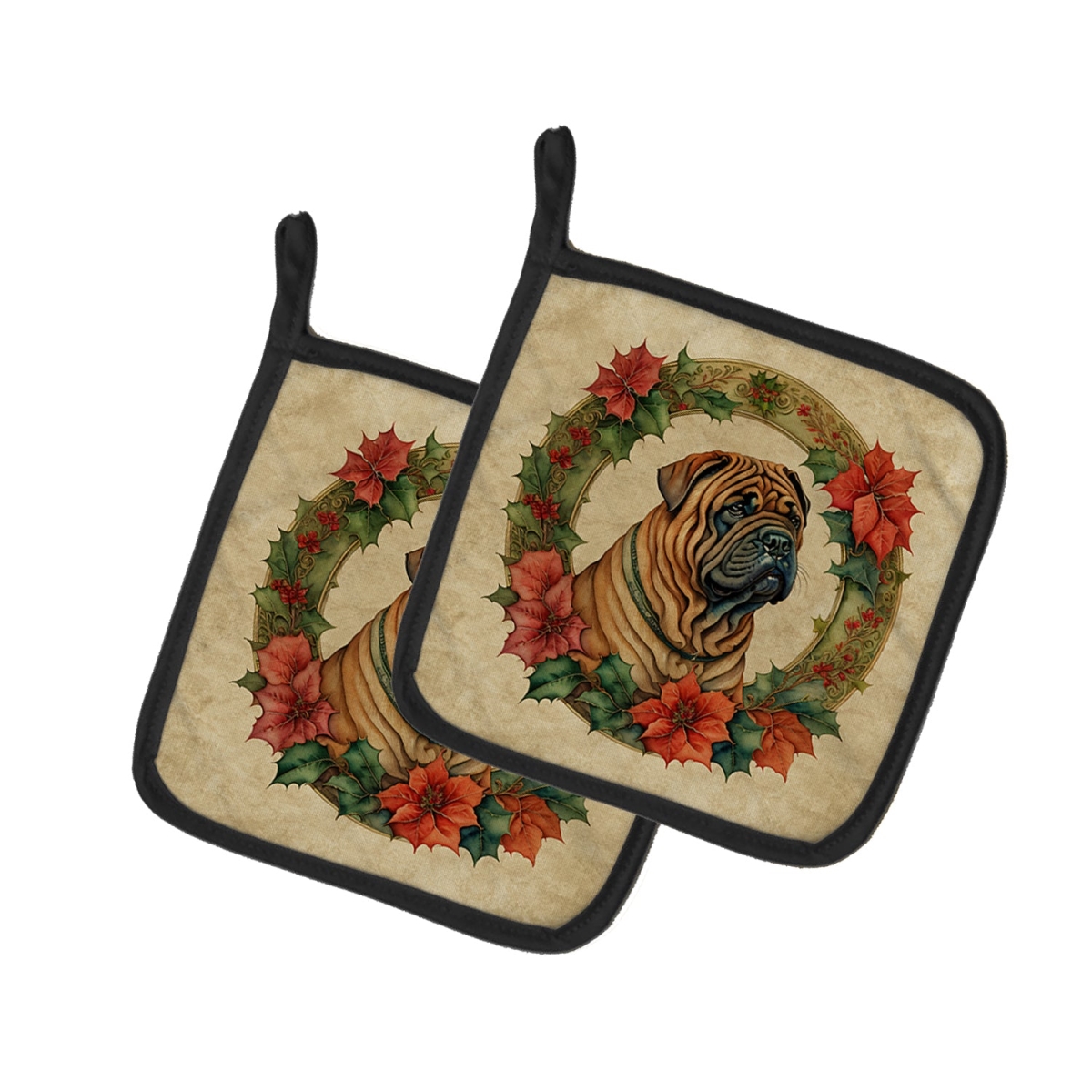 DAC2428PTHD 7.5 x 7.5 in. Unisex Shar Pei Christmas Flowers Pair of Pot Holders