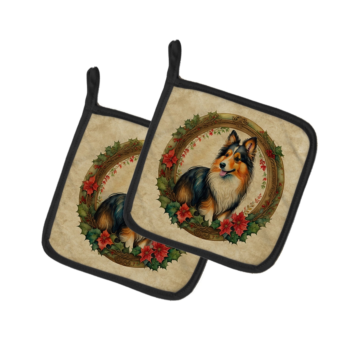 DAC2429PTHD 7.5 x 7.5 in. Unisex Sheltie Christmas Flowers Pair of Pot Holders