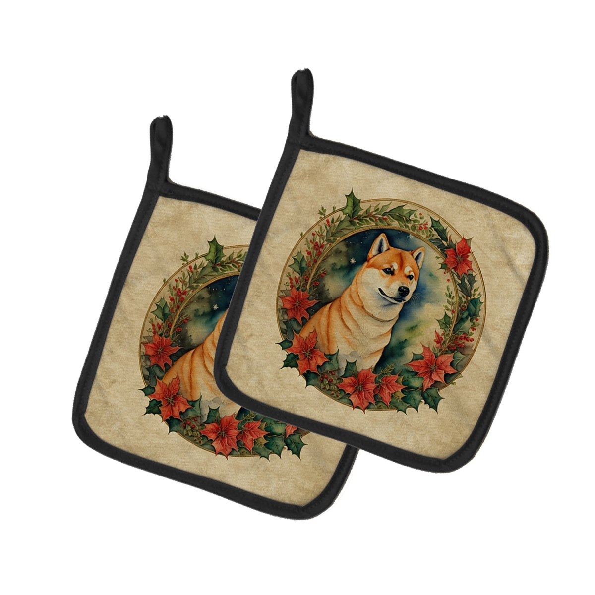 DAC2430PTHD 7.5 x 7.5 in. Unisex Shiba Inu Christmas Flowers Pair of Pot Holders