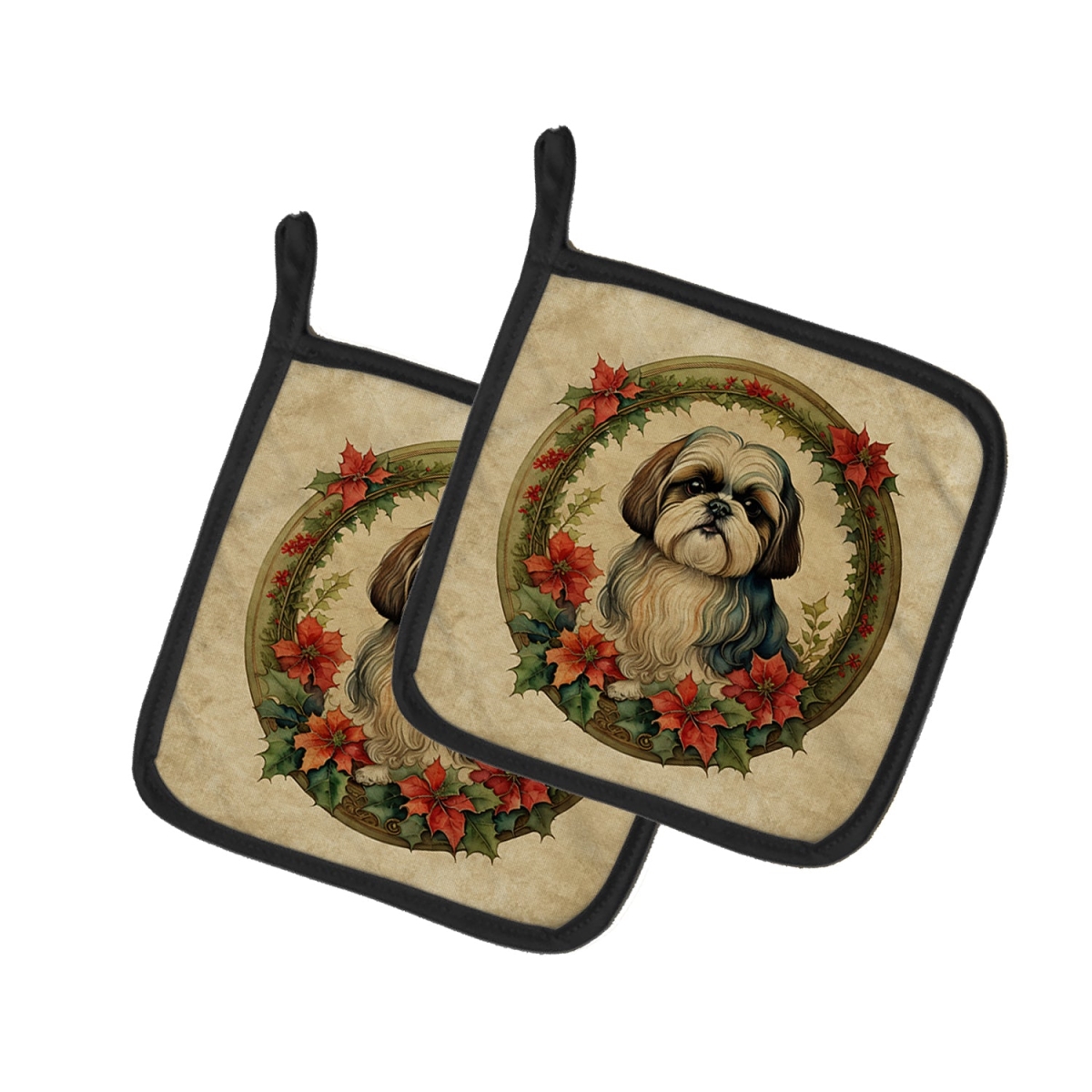 DAC2431PTHD 7.5 x 7.5 in. Unisex Shih Tzu Christmas Flowers Pair of Pot Holders
