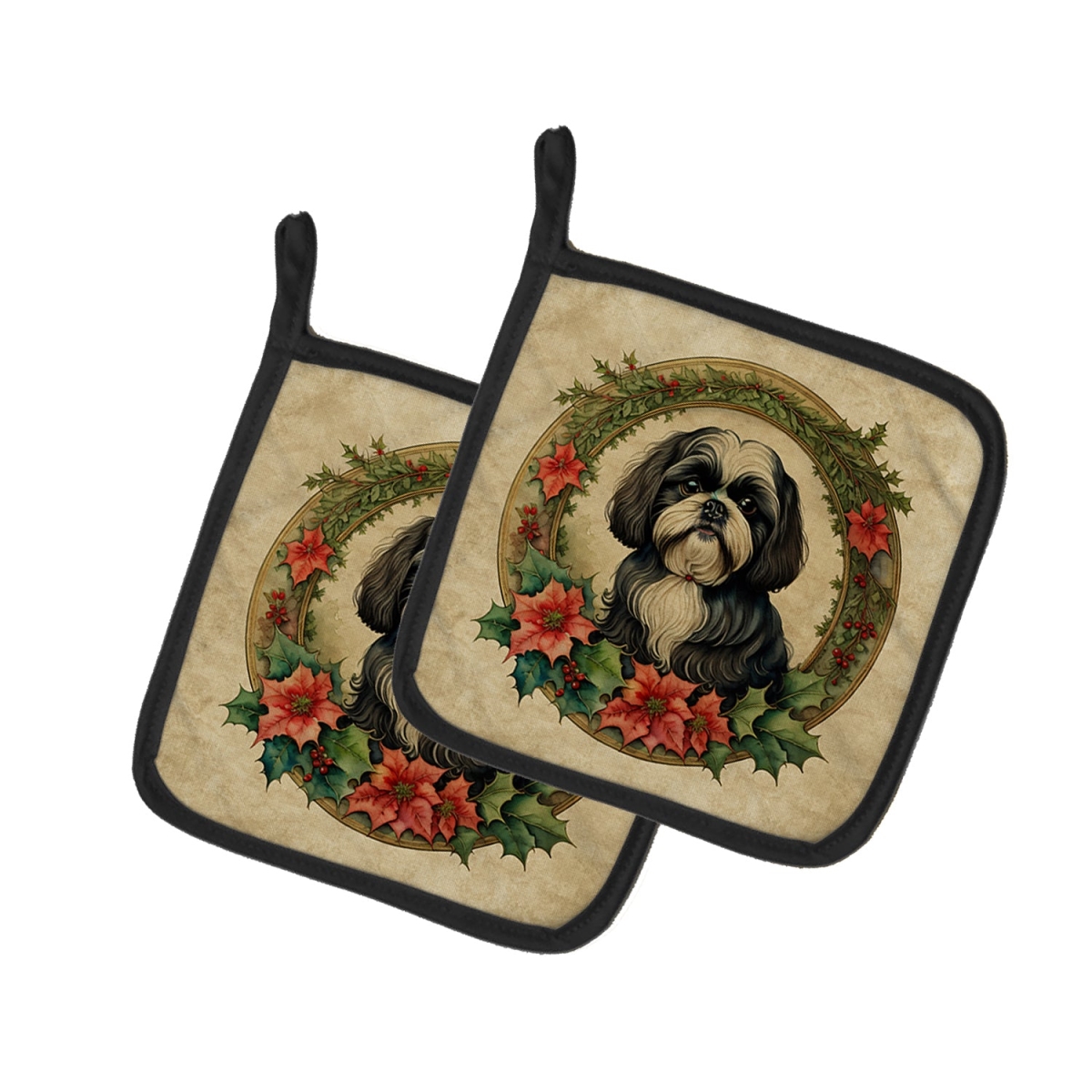 DAC2432PTHD 7.5 x 7.5 in. Unisex Shih Tzu Christmas Flowers Pair of Pot Holders