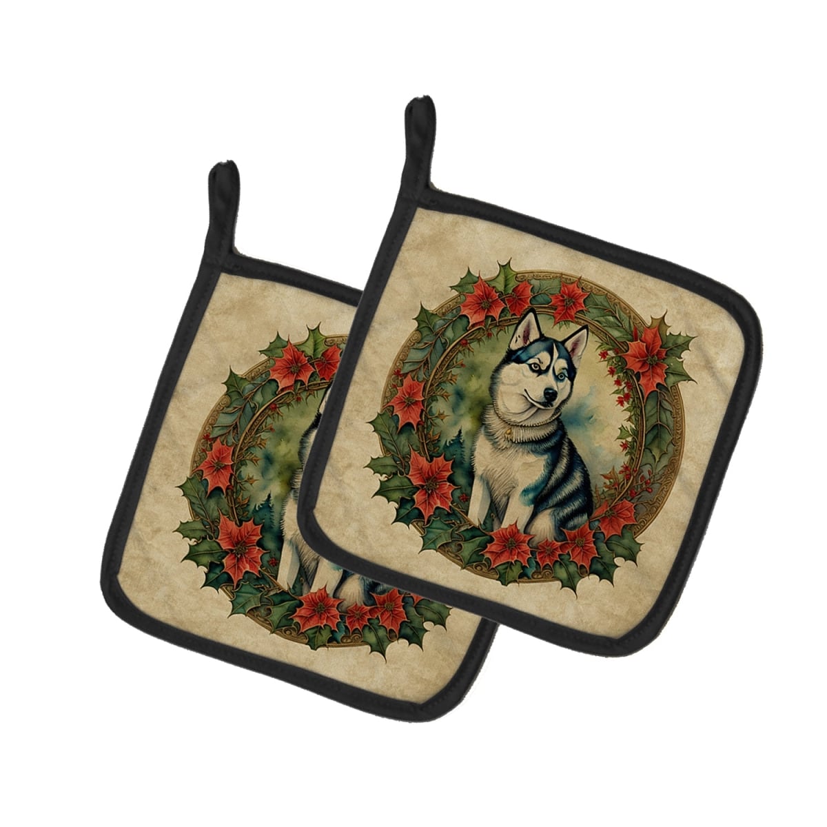 DAC2433PTHD 7.5 x 7.5 in. Unisex Siberian Husky Christmas Flowers Pair of Pot Holders