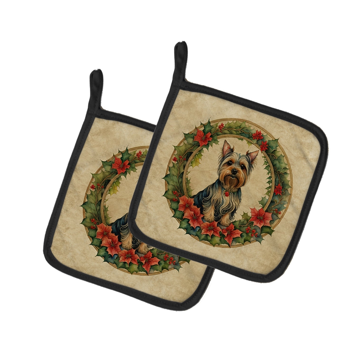 DAC2434PTHD 7.5 x 7.5 in. Unisex Silky Terrier Christmas Flowers Pair of Pot Holders