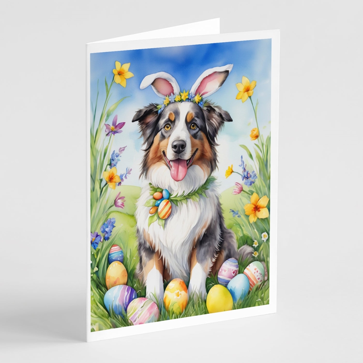 DAC4934GCA7P 5 x 7 in. Australian Shepherd Easter Egg Hunt Greeting Cards - Pack of 8