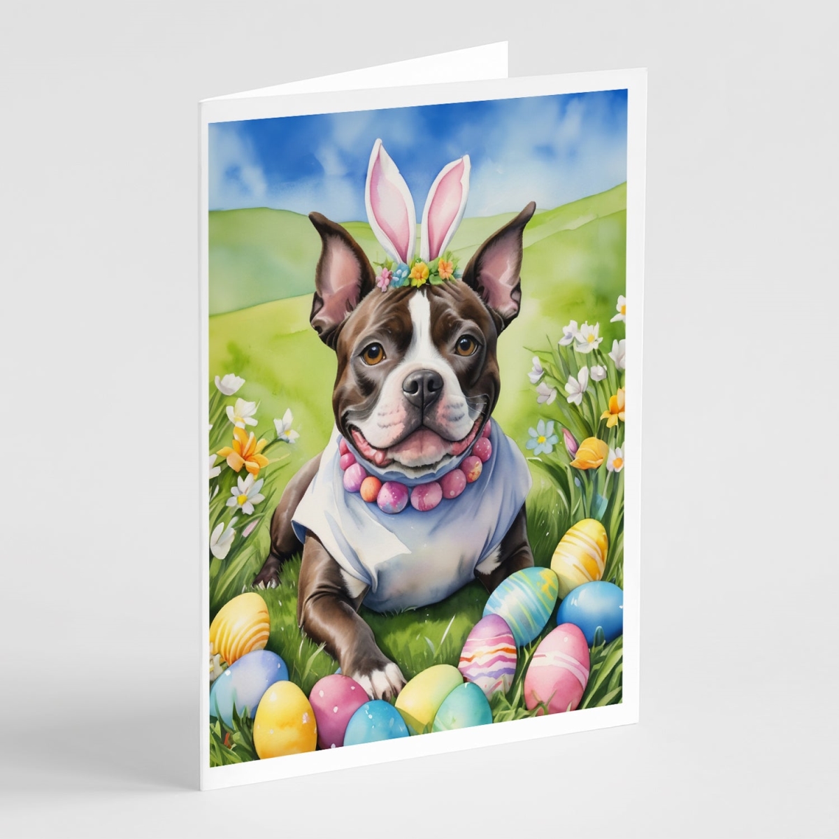 DAC5189GCA7P 5 x 7 in. Staffordshire Bull Terrier Easter Egg Hunt Greeting Cards - Pack of 8