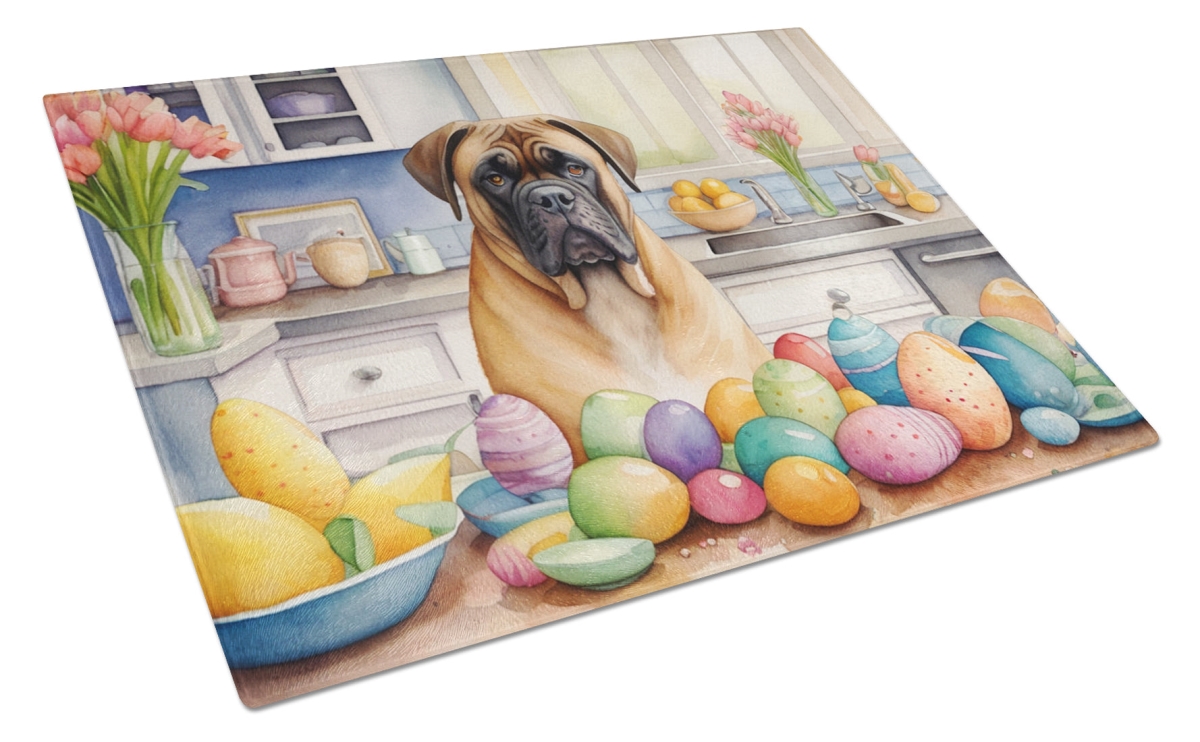 DAC6779LCB 15 x 12 in. Decorating Easter Bullmastiff Glass Cutting Board