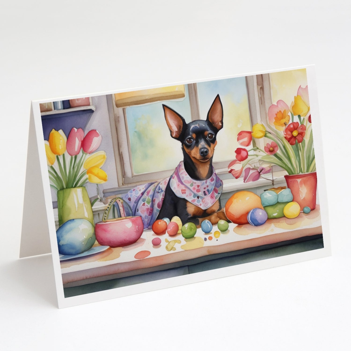 DAC6855GCA7P 5 x 7 in. Decorating Easter Miniature Pinscher Greeting Cards - Pack of 8