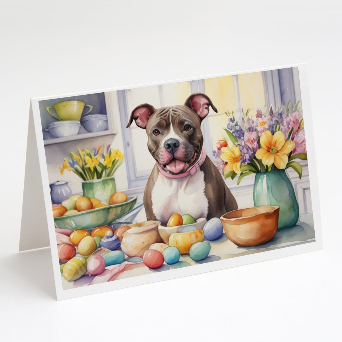 DAC6867GCA7P 5 x 7 in. Decorating Easter Pit Bull Terrier Greeting Cards - Pack of 8