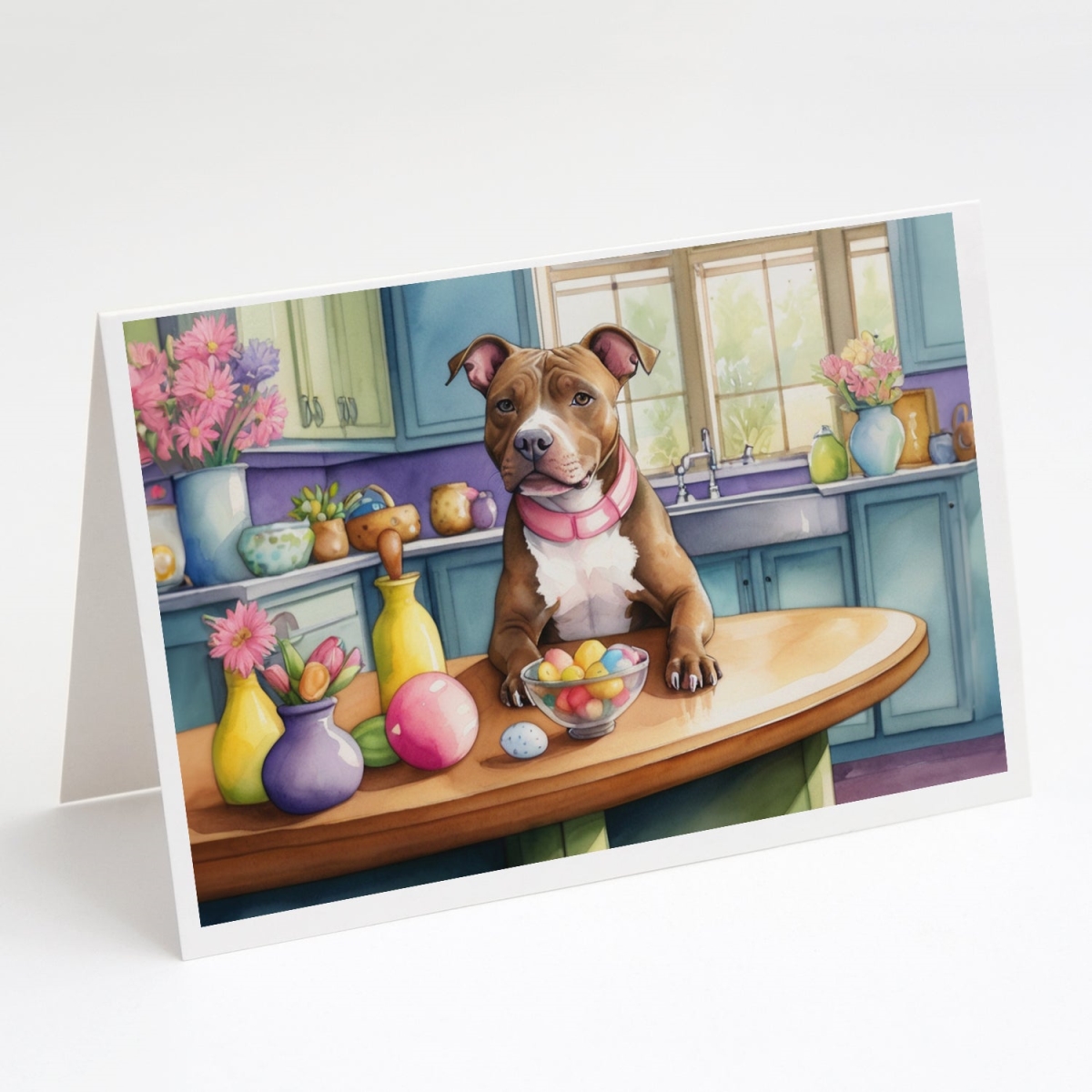DAC6868GCA7P 5 x 7 in. Decorating Easter Pit Bull Terrier Greeting Cards - Pack of 8
