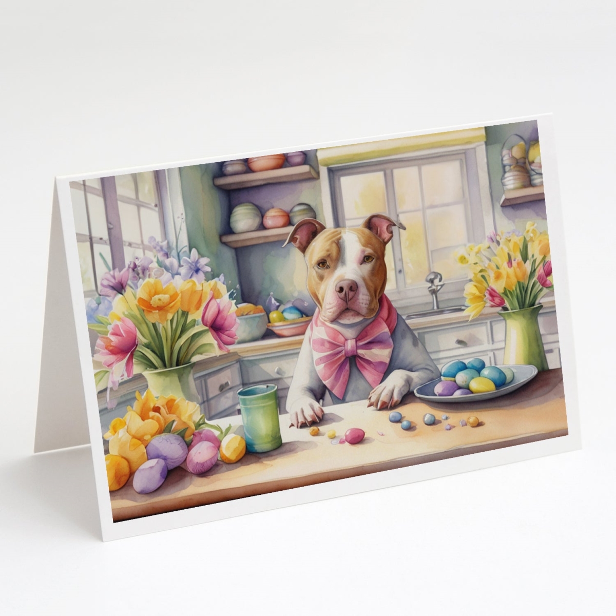 DAC6869GCA7P 5 x 7 in. Decorating Easter Pit Bull Terrier Greeting Cards - Pack of 8