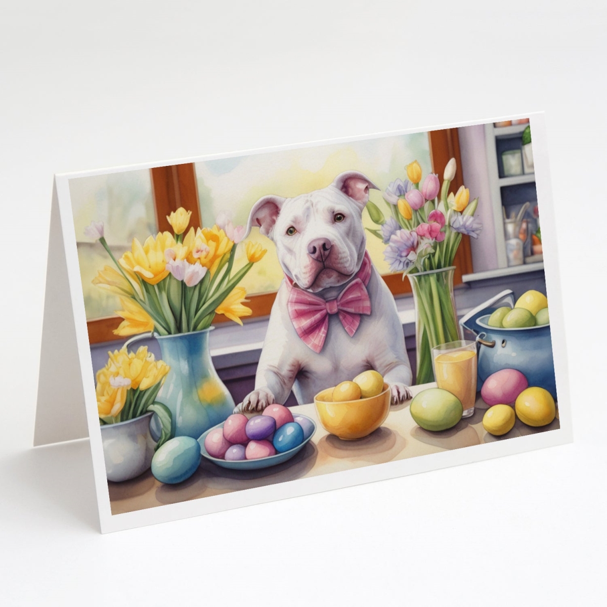 DAC6870GCA7P 5 x 7 in. Decorating Easter Pit Bull Terrier Greeting Cards - Pack of 8